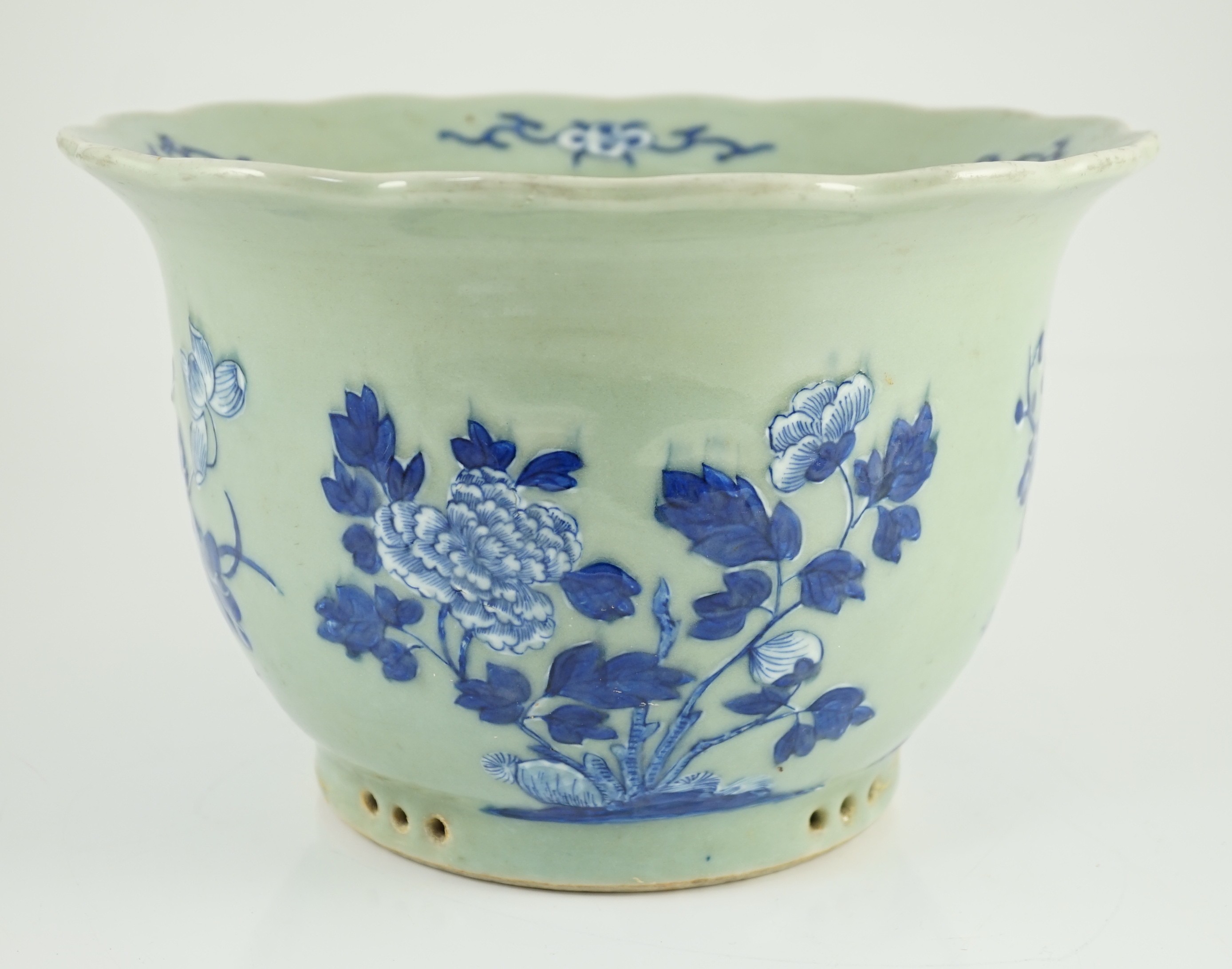 A Chinese blue and white celadon ground flower pot, late 19th century, 27.5cm diameter